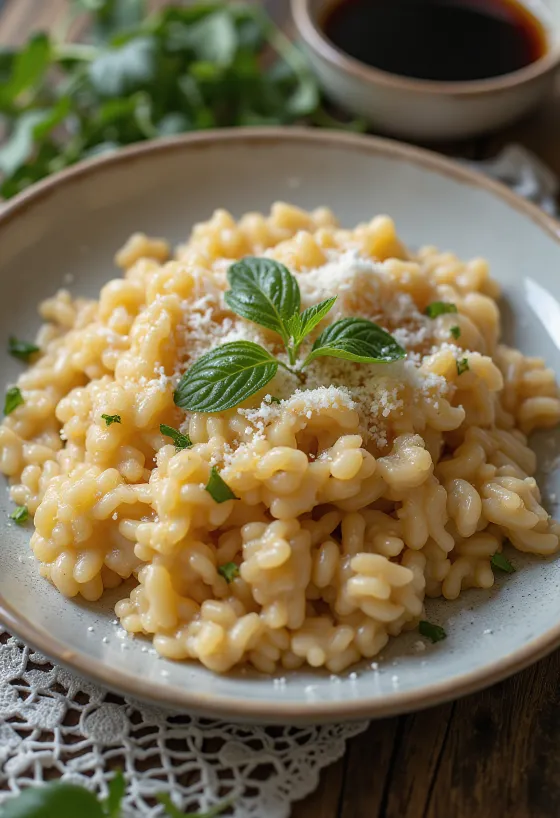 Tamari'li risotto, maydanozla servis edilmiş