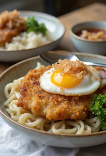 Tarako morina havyarı dolgulu katsudon, çıtır tavuk ve zengin soya sosu