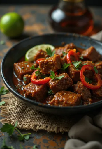 Acı biberli Bhuna beef, kişniş ve misket limonu ile süslenmiş baharatlı dana eti
