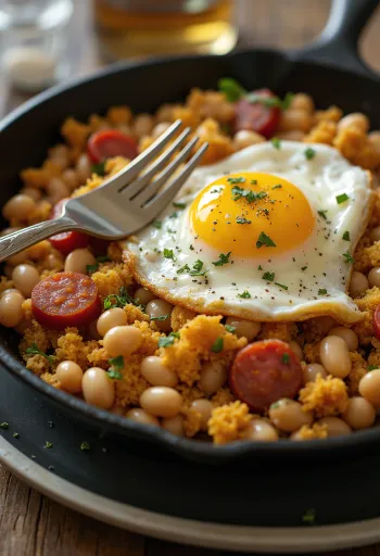 Beyaz fasulyeli, yumurtalı ve kızarmış ekmekli Migas