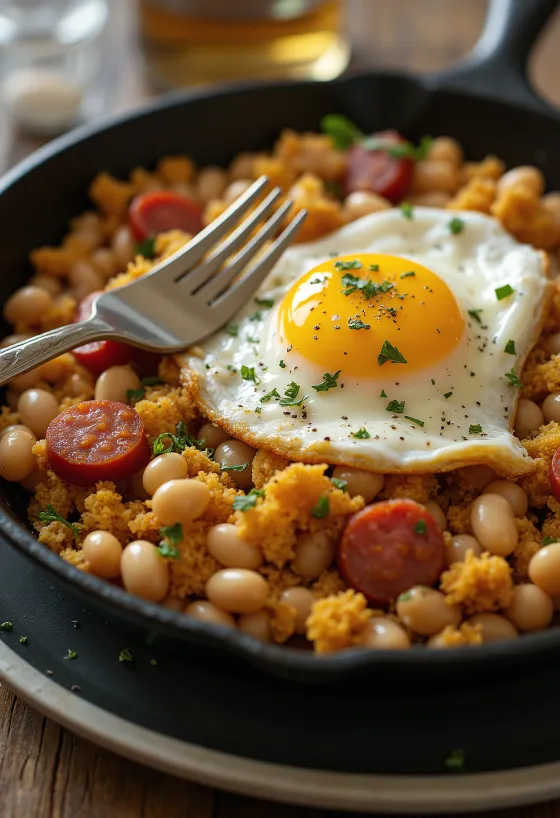 Beyaz fasulyeli, yumurtalı ve kızarmış ekmekli Migas