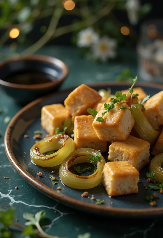 Nar gibi kızarmış, baharatlı pırasalı probiyotik fırın tofu servisi