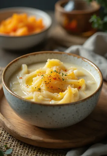 Dereotu ve süzme yoğurtlu kremsi kabak yemeği, taze çıtır ekmekle servis edilmiş.