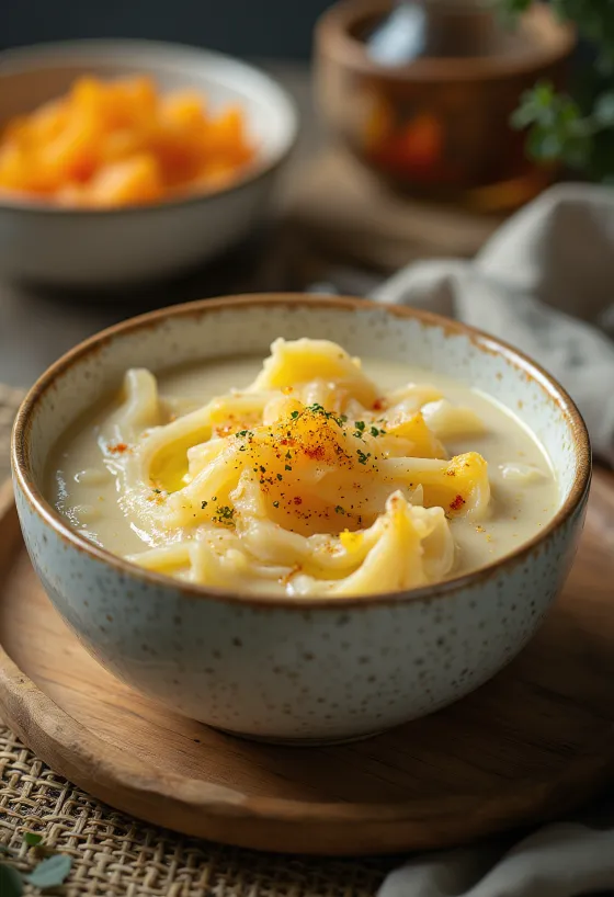 Dereotu ve süzme yoğurtlu kremsi kabak yemeği, taze çıtır ekmekle servis edilmiş.