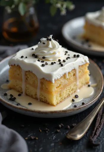 Vanilyalı tres leches dilimi, sütle ıslatılmış pandispanya beyaz tabakta