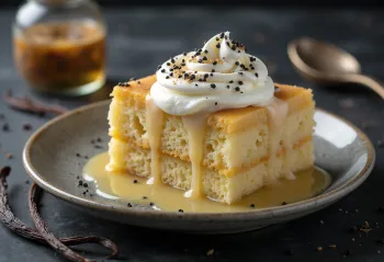 Vanilyalı tres leches dilimi, sütle ıslatılmış pandispanya beyaz tabakta