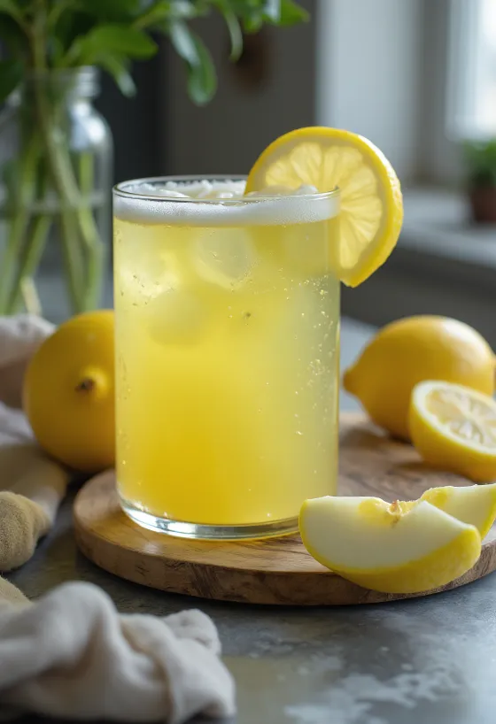 Taze elma ve limon dilimleriyle süslenmiş uzun bardakta Elma-Limon suyu
