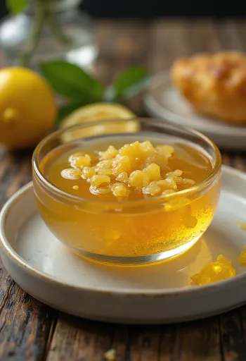 Bir kasede zencefilli ballı limonlu glazür, limon dilimleri ve zencefille süslenmiş