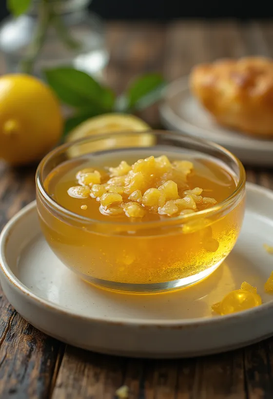 Bir kasede zencefilli ballı limonlu glazür, limon dilimleri ve zencefille süslenmiş