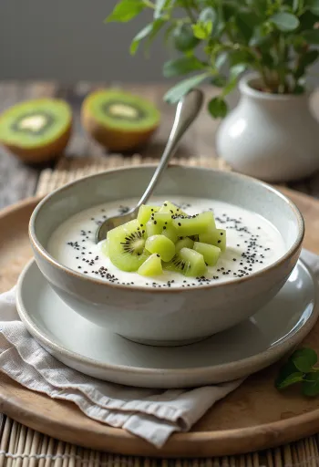 Bardaklarda servis edilen probiyotik kivili yoğurt, yeşil meyve parçalarıyla