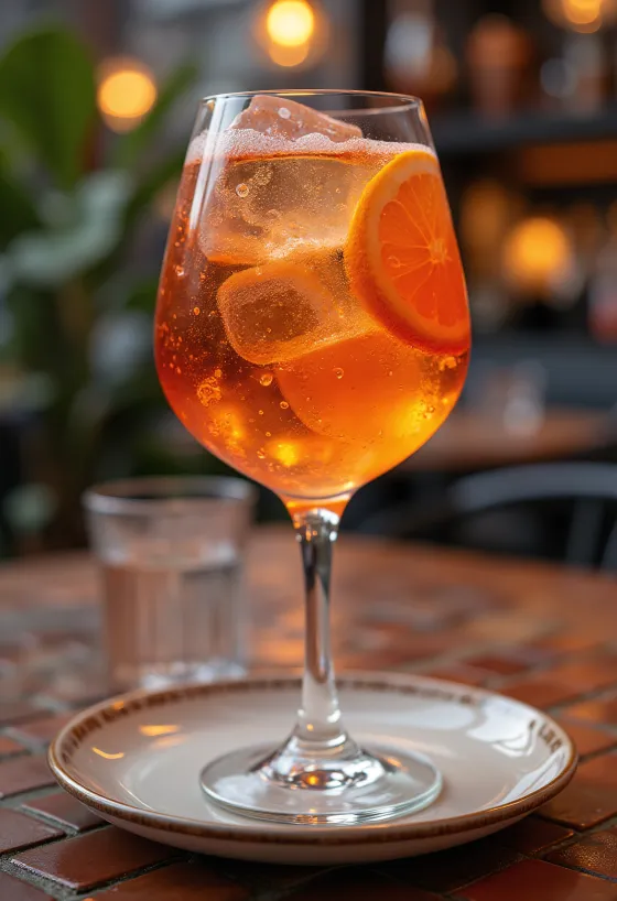 Portakal dilimi ve buz küpüyle süslenmiş Aperol Spritz