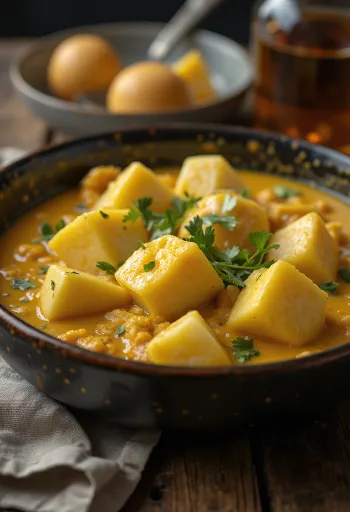 Baharatlı patlıcan köri servis edilmiş