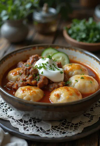 Koyun peynirli nokedli ve salatalık salatası ile servis edilmiş Pörkölt