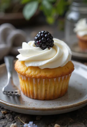 Servis edilmiş böğürtlenli cupcake
