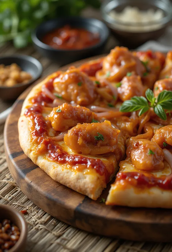 Izgara tavuk ve kırmızı soğanlı barbekü tavuklu pizza