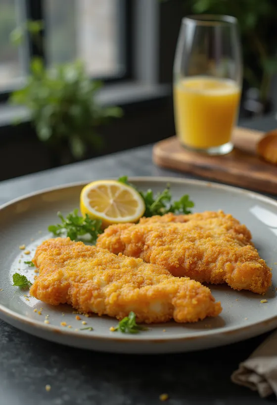 Limon ve maydanozlu patates ile servis edilen çıtır Viyana şinitzeli