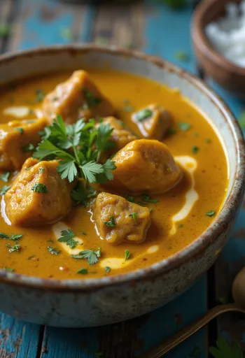 Hindistan cevizi sütü ve baharatlarla servis edilen dana etli köri