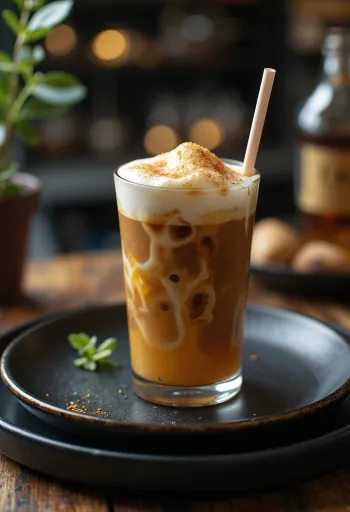 Krem şanti ve tarçınla süslenmiş ballı rumlu frappe kremalı kahve içeceği