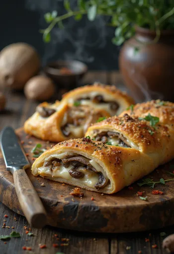 Mantarlı Stromboli, bol mantar ve üzeri erimiş mozzarella ile servis edilmiş, dışı çıtır içi yumuşak.