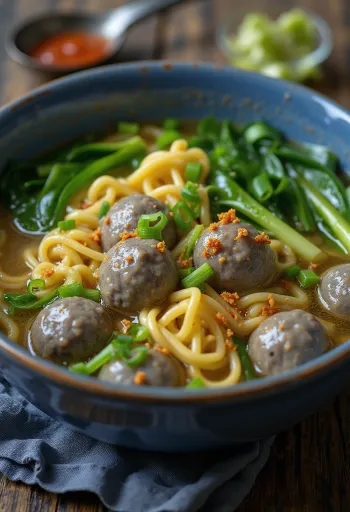Servis edilen Endonezya köfte çorbası Bakso