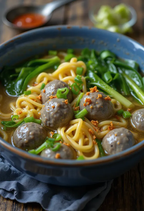 Servis edilen Endonezya köfte çorbası Bakso