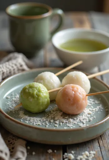 Yeşil çay ve kırmızı fasulye ezmesi dolgulu servis edilen Bocchan dango