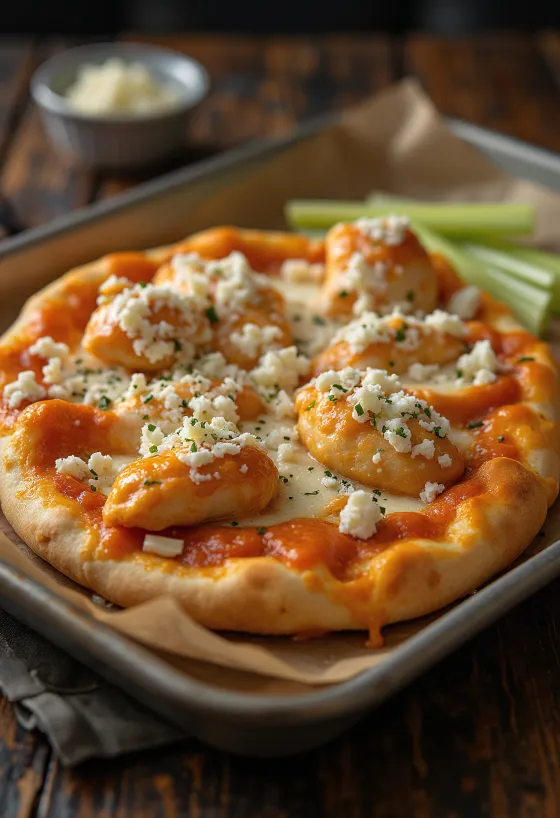 Acılı tavuk ve mavi peynirli Buffalo tavuklu pizza