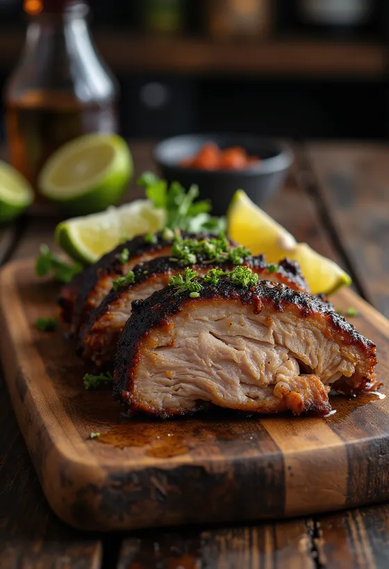 Pirinç ve bezelye ile servis edilen Jerk pork