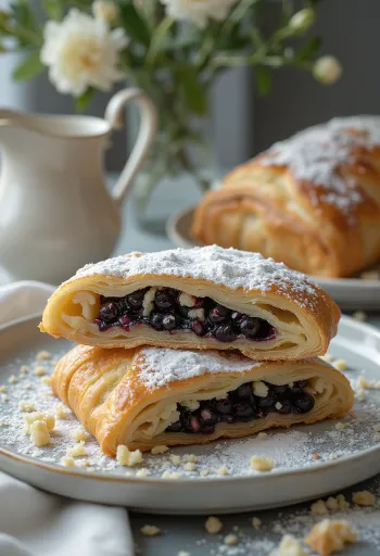 Taze pişmiş, çıtır hamurlu, dilimlenmiş ve üzerine pudra şekeri serpilmiş haşhaşlı strudel.