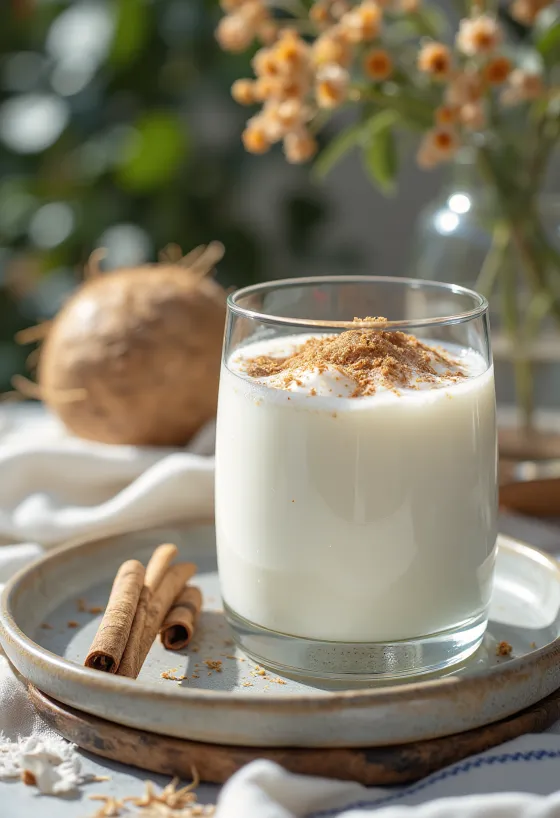 Bardakta Hindistan cevizli-tarçınlı kefir, Hindistan cevizi rendesi ve tarçın serpilmiş açık krem renkli içecek