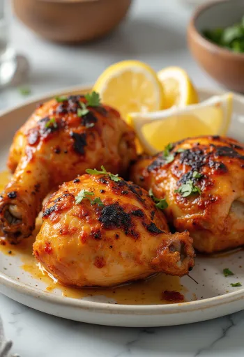 Yoğurtlu marinatta pişmiş, taze yeşilliklerle servis edilen tandır tavuk