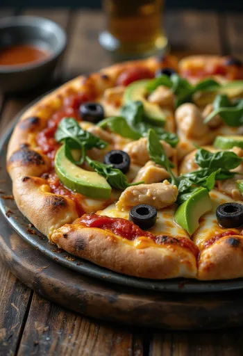 Taze avokado, tavuk göğsü ve ıspanaklı California Pizza
