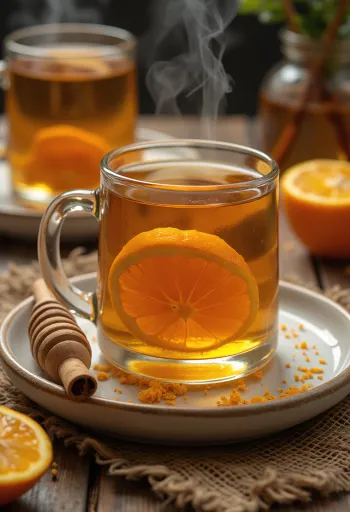 Portakal dilimi ve tarçınla süslenmiş tarçınlı ballı cider ısıtıcı içecek