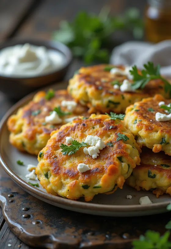 Havuçla zenginleştirilmiş Kolokithokeftedes, servis edilen çıtır kroketler