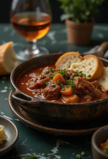 Kırmızı biberli sos içinde sulu et parçalarıyla servis edilen dana yahni