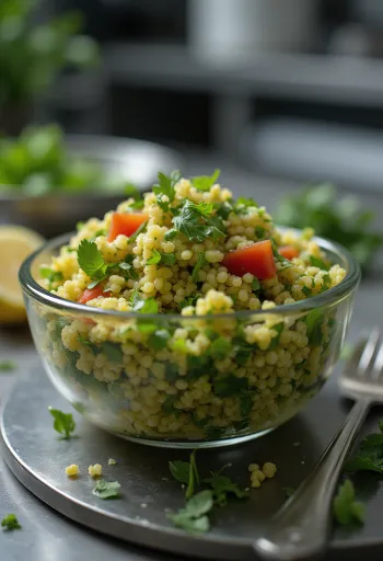 Taze yeşilliklerle kinoa tabbouleh servis edilmiş