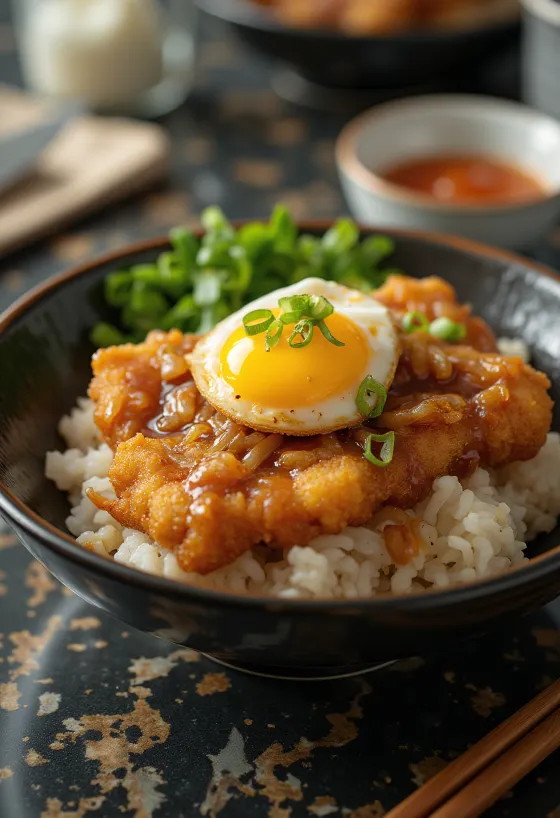 Yumurtalı katsudon, çıtır tavuk ve yumurta ile servis edilmiş