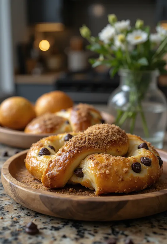 Servis edilmiş kremalı ve çikolatalı pretzel