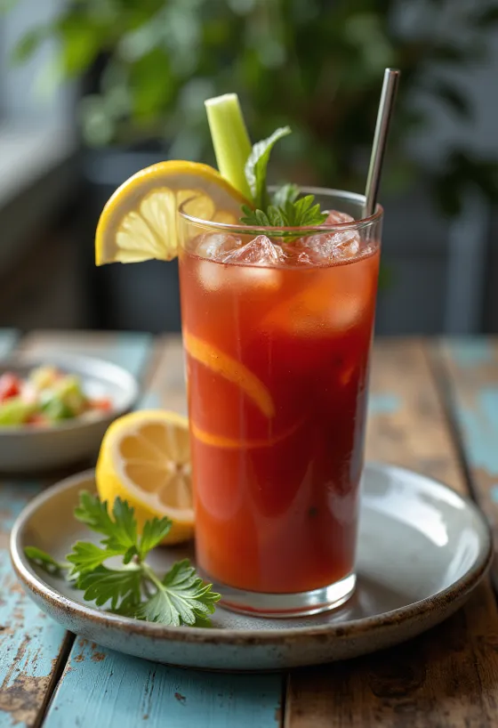 Kereviz sapı ve limon dilimiyle süslenmiş Bloody Mary kokteyli