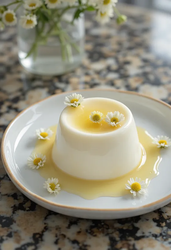 Servis edilmiş mürver çiçekli panna cotta