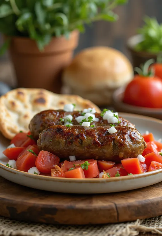 Taze pişmiş ve güzelce kızarmış, pide ekmeği üzerinde servis edilen Domatesli Cevapi