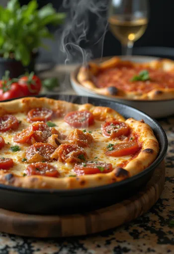 Bol peynirli ve domates soslu Chicago Deep-Dish Pizza