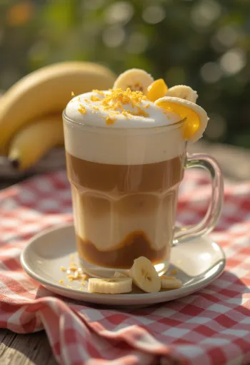 Portakal kabuğu ile süslenmiş portakallı muzlu latte kremalı kahve içeceği