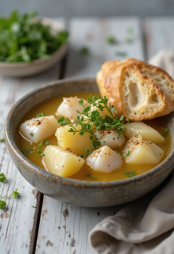 Patatesle zenginleştirilmiş Psarosoupa, taze zeytinyağı ve limon suyu ile servis edilen zengin balık çorbası
