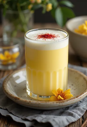 Bardakta buz küpleriyle süslenmiş Safranlı Lassi
