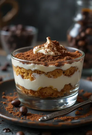Katmanlı kedi dili bisküvi ve üzerine kakao serpilmiş klasik tiramisu