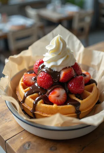 Çikolata sosu ve krem şanti ile panayır usulü waffle