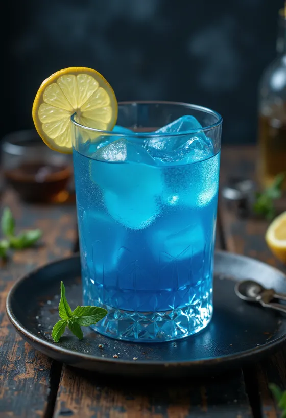 Limon dilimi ve kokteyl kirazıyla süslenmiş Blue Lagoon kokteyli