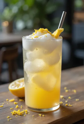 Limon dilimiyle süslenmiş limonlu zencefilli frappe ferahlatıcı içecek