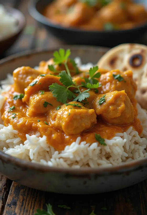Basmati pilavı ile servis edilen tavuk tikka masala